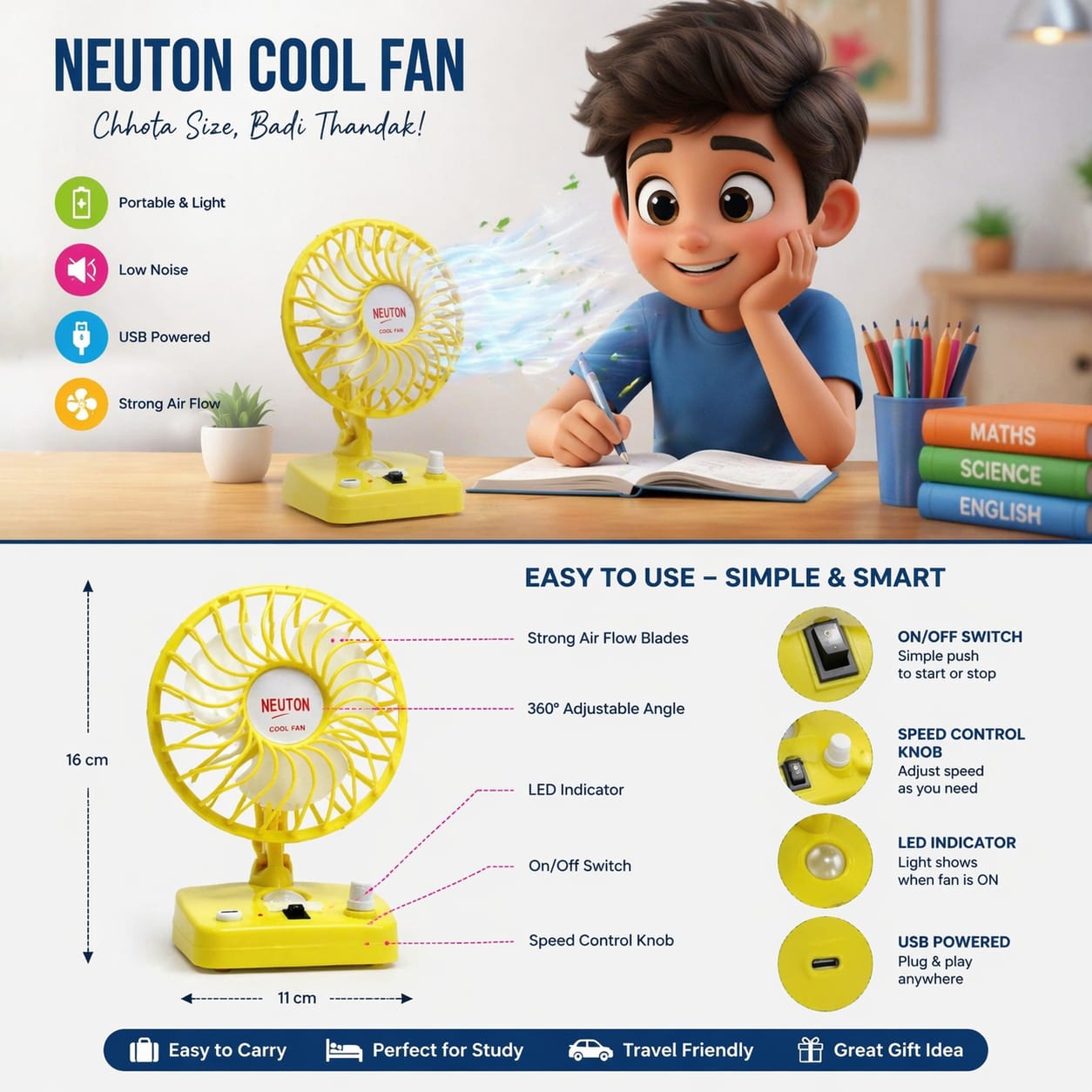 Portable Mini Cooling Fan with LED Light & Adjustable Speed | USB Powered | Strong Airflow | Table Desk Fan for Home, Office & Travel